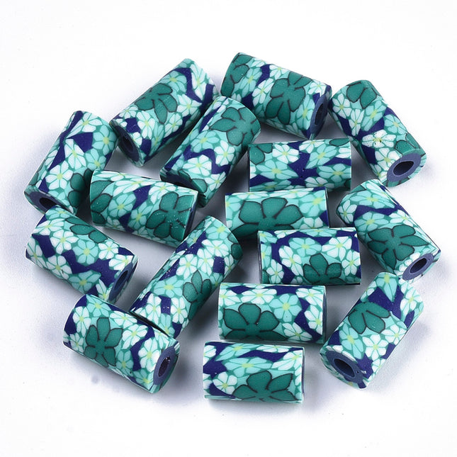 Teal Flower Pattern Polymer Clay Beads