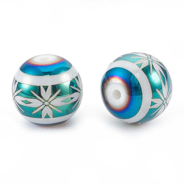 Green Plated Flower Pattern Glass Beads