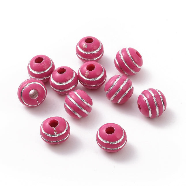Silver Metal Enlaced Fuchsia Acrylic Beads