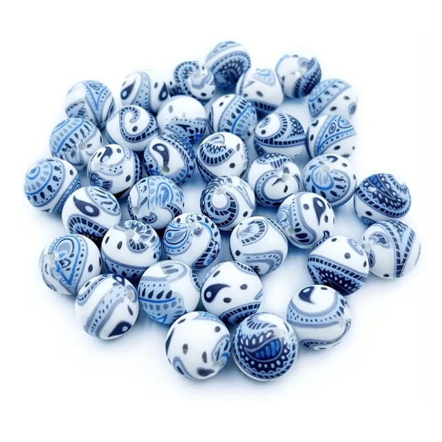Abstract Blue Pattern White Silicone Beads