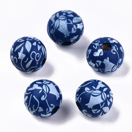 Dark Blue Floral Pattern Wooden Beads