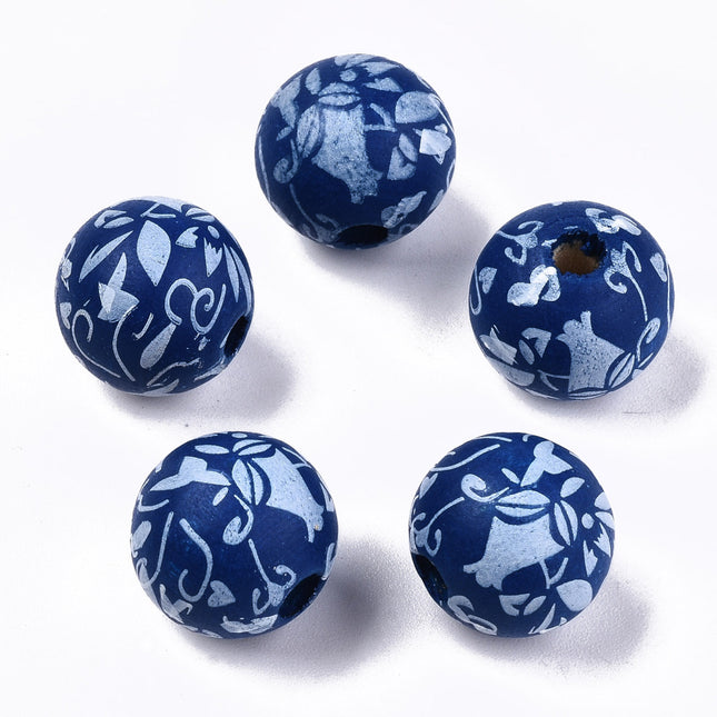 Dark Blue Floral Pattern Wooden Beads