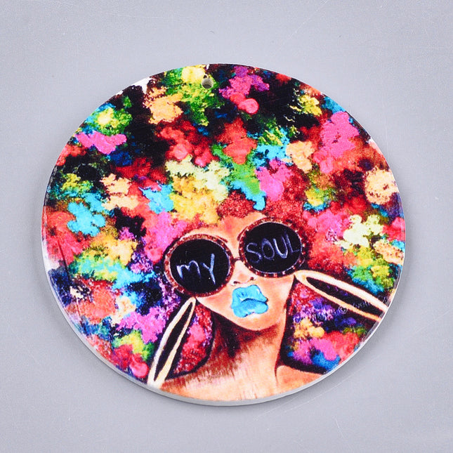 Flat Round Wooden Printed Pendant