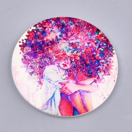 Flat Round Wooden Printed Pendant
