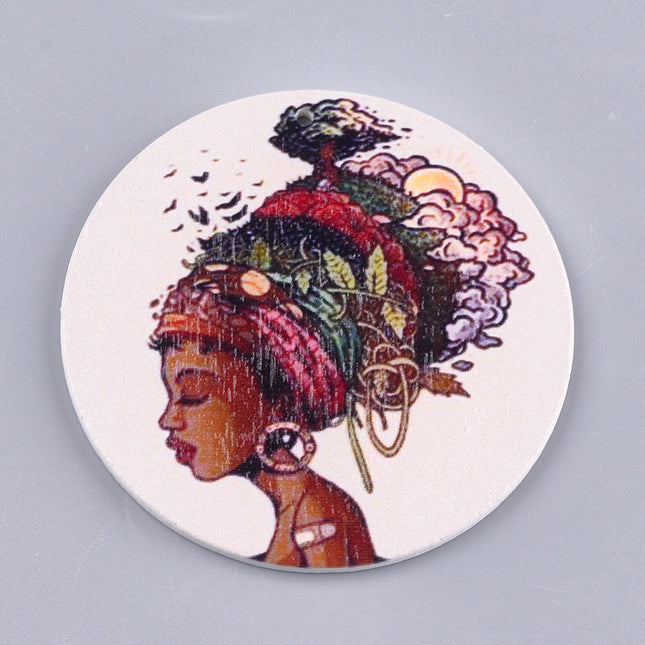 Flat Round Wooden Printed Pendant